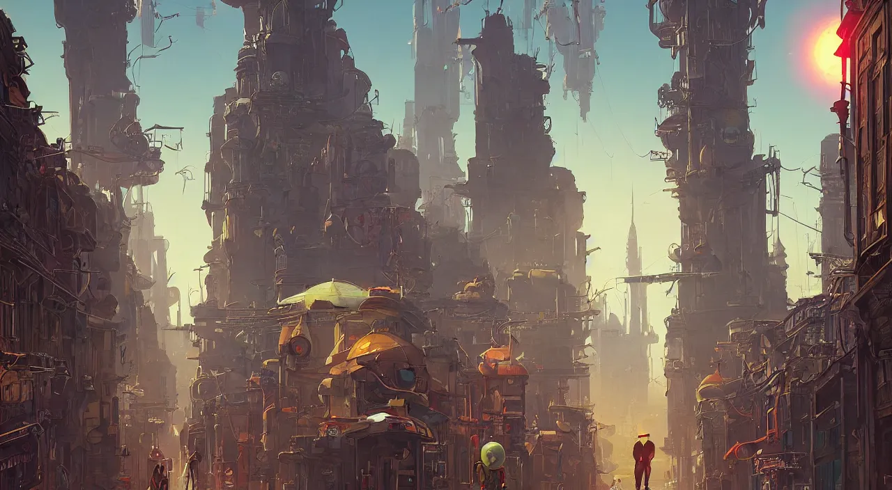 Image similar to a street level painting towards the horizon with high detail, sci - fi colorful victorian city with a victorian astronaut in the foreground at noon with sharp shadows by tyler edlin and sparth, wide angle lens, 4 k, vray, art nouveau influences. roger deakins, cinematic cinematography.
