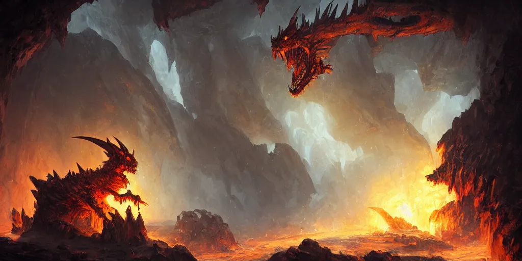 Image similar to closed up oil painting of one deathwing dragon from world of warcraft in a cave by greg rutkowski