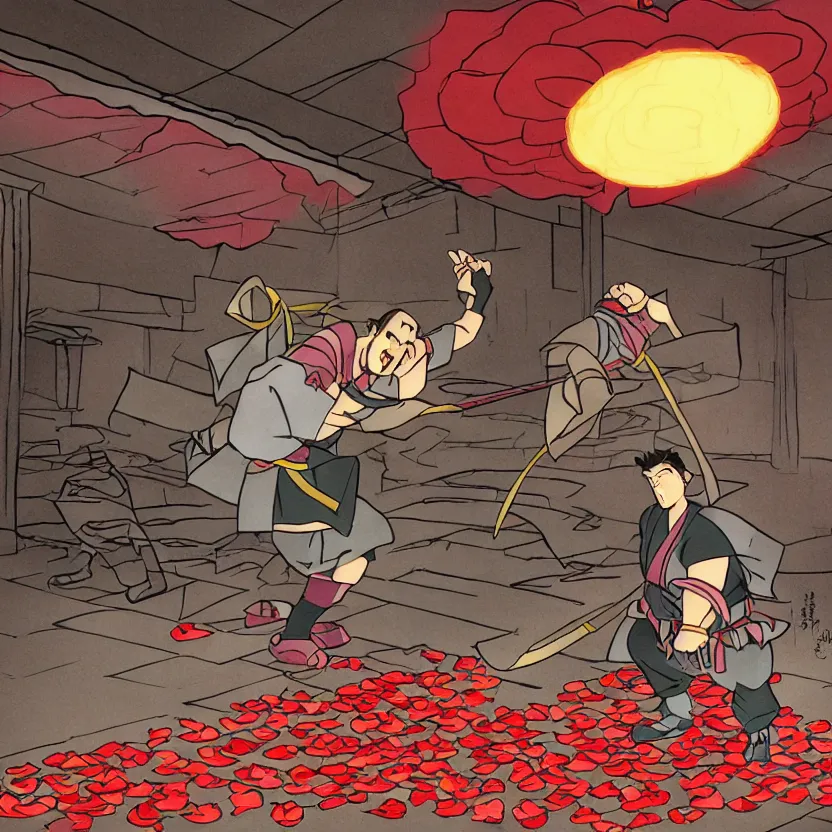 Image similar to cartoon of cyber samurai fighting in an old temple at night, rose petals being blown by the wind, studio lighting, drawn by genndy tartakovsky