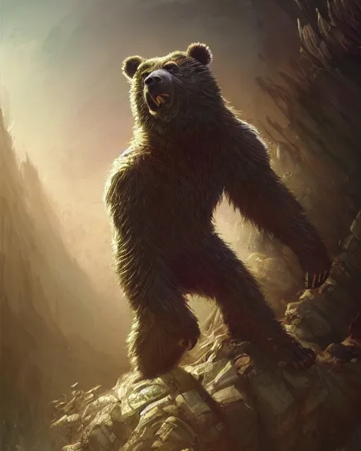 Prompt: Laughing Bear Musician, Warrior, magic the gathering artwork, D&D, fantasy, cinematic lighting, centered, symmetrical, highly detailed, digital painting, artstation, concept art, smooth, sharp focus, illustration, volumetric lighting, epic Composition, 8k, art by Akihiko Yoshida and Greg Rutkowski and Craig Mullins, oil painting, cgsociety