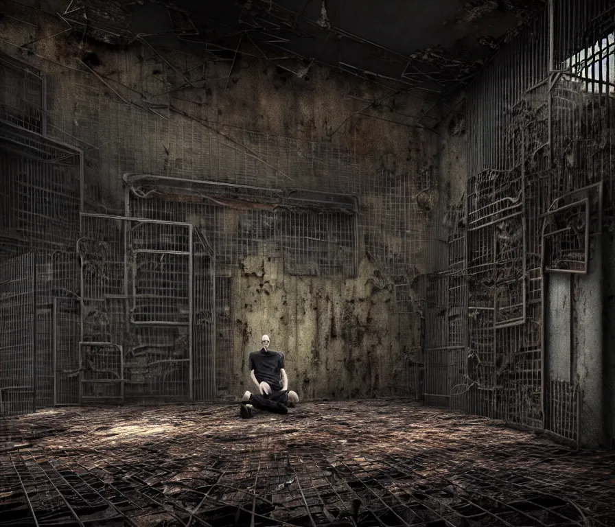 Image similar to creepy tall man with very long limbs sits on the floor. An underground very dark gloomy multi-layered structure of rusty thick iron grates, dense chain-link fencing and peeling walls. Inside view, collapsed floors, bent rusted iron, masterpiece, black background, corners, cinematic, hyperdetailed, photorealistic, hyperrealism, octane render, 8k, depth of field, bokeh, architecture, shadows, art by Zdzisław Beksiński, Arthur Rackham, Dariusz Zawadzki