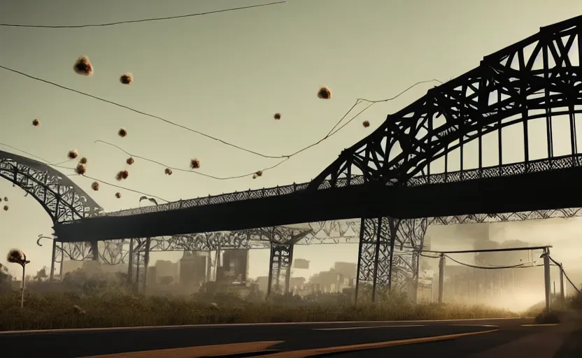 Prompt: explosions in the form of realistic cotton plants cover harbour bridge, smooth, sharp focus, highly detailed, 3 d octane render, epic lighting, dark atmosphere, lots of cotton plants, rusty cars, 8 k, by goro fujita