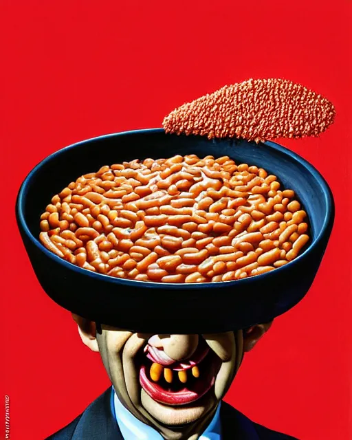 Image similar to portrait of mr bean's face in a bowl full of baked beans, face covered in beans and tomato sauce, beans in his eyes sockets, pile of beans on his head, baked beens instead of eyes, open mouth full of with baked beans, overflowing with baked beans, rowan atkinson, muted colors, surrealist oil painting, highly detailed