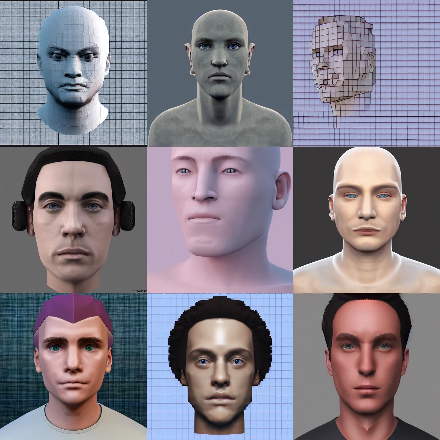 Prompt: generic male npc face, vaporwave album cover untextured rendered in ssao only, vray, terragen, pixel art