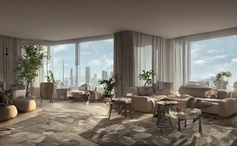 Prompt: a luxury condo interior with many holographic projection displays and modern sleek furniture by studio ghibli animated film, global illumination, beautiful composition, volumetric lighting, octane render by alena aenami, highly detailed