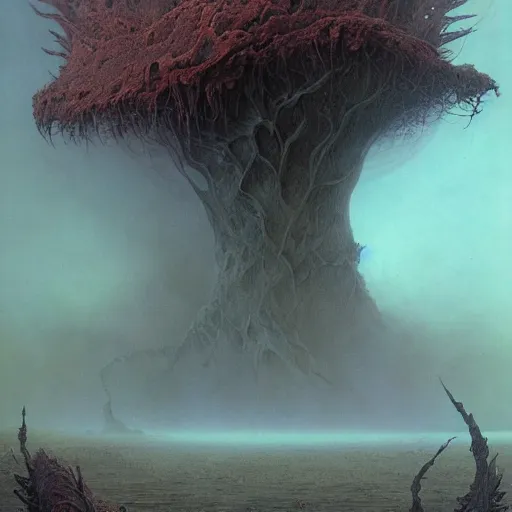 Image similar to a beautiful and ominous matte painting of an exotic alien planet with strange carnivorous plants, twisted bony trees, crashed spaceship submerged in fog beneath the setting sun by karol bak and beksinski and wayne barlowe, exquisite detail, post processing, sharp focus, deep colors