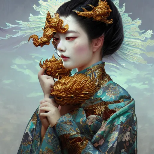 Image similar to a photorealistic dramatic fantasy render of a beautiful woman wearing a beautiful intricately detailed japanese komainu kitsune mask and clasical japanese kimono by wlop, artgerm, greg rutkowski, alphonse mucha, beautiful dynamic dramatic dark moody lighting, shadows, cinematic atmosphere, artstation, concept design art, octane render, 8 k