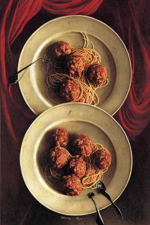 Image similar to plate of spaghetti and meatballs in the style of wayne barlowe, gustav moreau, goward, bussiere, roberto ferri, santiago caruso, luis ricardo falero, dali