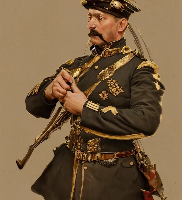 Image similar to portrait of an hungarian man wearing a traditional nineteenth century austro - hungarian empire military uniform, metal shoulder pauldrons, intricate, highly detailed, digital painting, artstation, concept art, sharp focus, cinematic lighting, illustration, art by artgerm and greg rutkowski, alphonse mucha, cgsociety