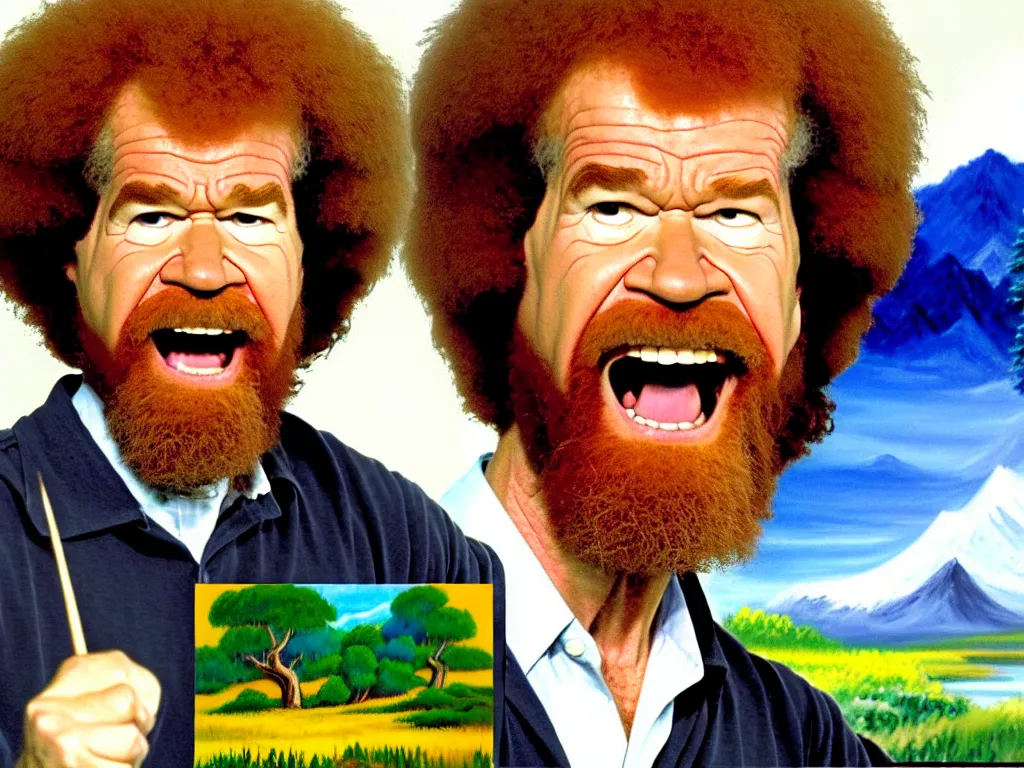 Image similar to old!!!! bob ross is sad and angry and yelling!!! at a huge painting of nature by bob ross