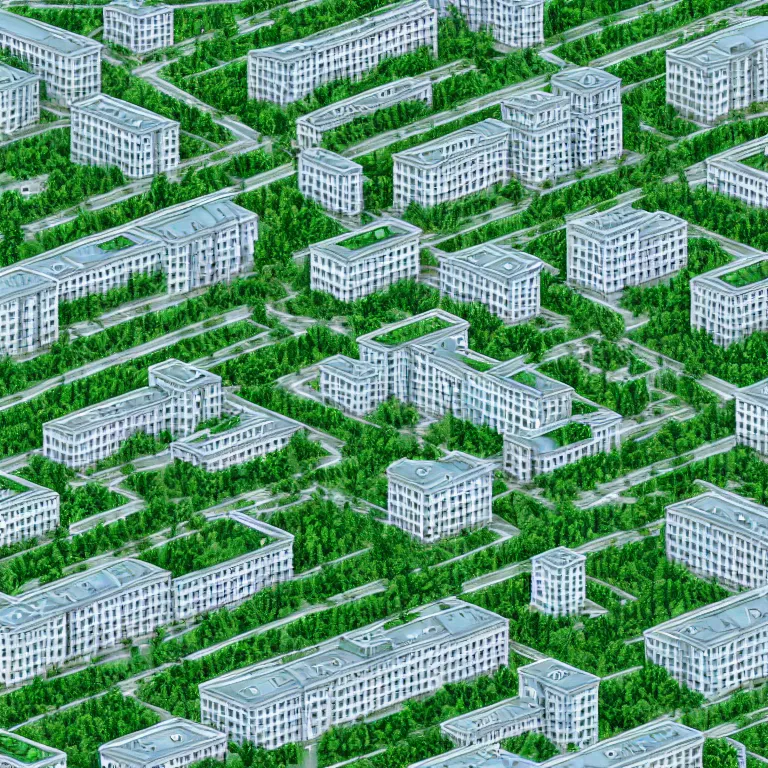 Prompt: One-point perspective in the center. Two infinitely long soviet five-story panel buildings. A perfect green lawn in the center of the frame. High detail, details, ultra realistic render, octane, 3D, photorealism, symmetric, cloudless-crear-sky, cinematic