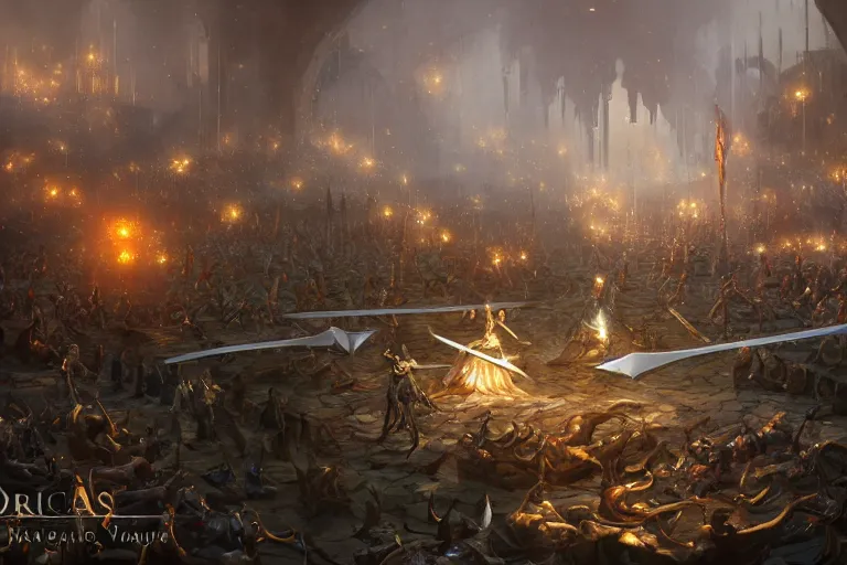 Prompt: people tripping over a pile of swords in an arena, fantasy, d & d, digital painting, by randy vargas, digital painting, volumetric light, intricate, sharp, focus, bloom, illustration, highly detailed, concept art, matte, greg rutkowski