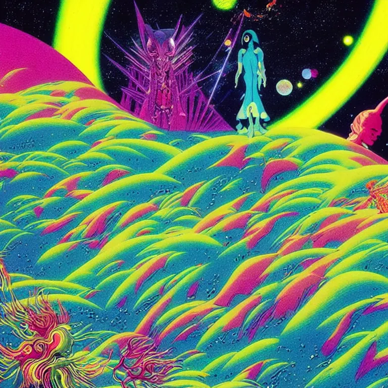 Image similar to edge of interstellar space, bright neon colors, highly detailed, cinematic, hiroo isono, eyvind earle, philippe druillet, roger dean, lisa frank, aubrey beardsley, ernst haeckel