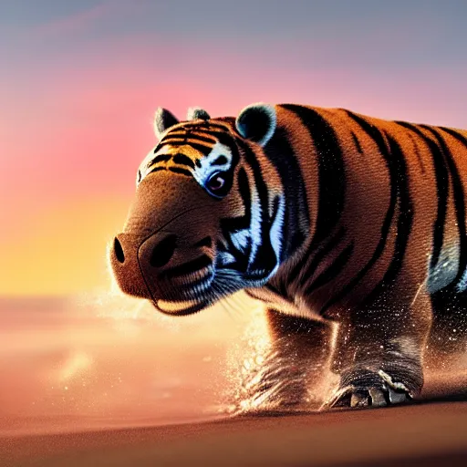 Prompt: a closeup photorealistic photograph of a cute stylish tiger hippo playing volleyball at the beach during sunset. Surf in the background. This 4K HD image is Trending on Artstation, featured on Behance, well-rendered, extra crisp, features intricate detail and the style of Unreal Engine.