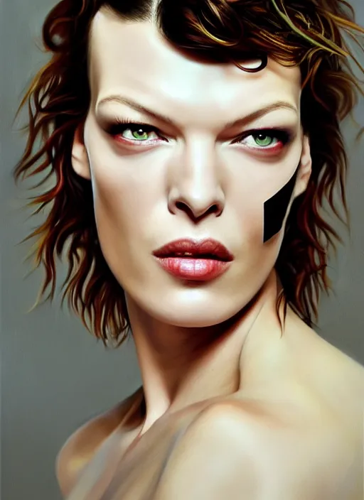 Image similar to milla jovovich wearing tape, far future, sharp focus, highly detailed, trending on artstation, intricate, painting by rutkowski