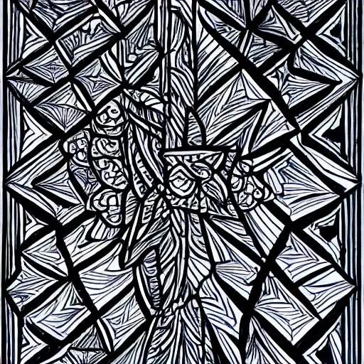 Image similar to single line drawing of an intricate carved woodwork, blue ink pen