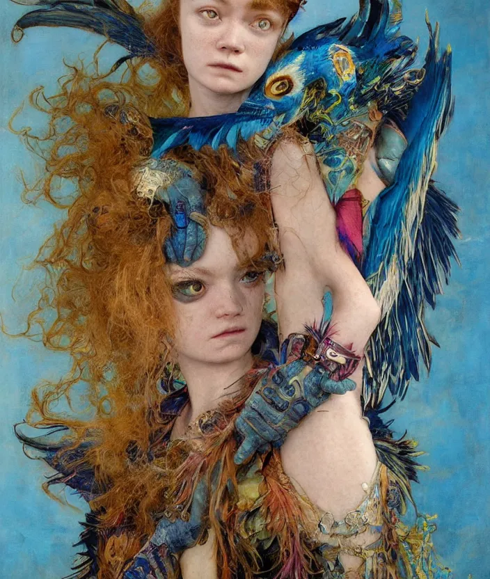 Image similar to a portrait photograph of a meditating fierce sadie sink as a colorful harpy bird super hero with blue mutated skin. she has animal skin grafts and cyborg body modifications and implants. by donato giancola, hans holbein, walton ford, gaston bussiere, peter mohrbacher and brian froud. 8 k, cgsociety, fashion editorial