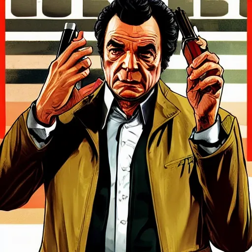 Prompt: GTAV cover art of Columbo holding a cigar