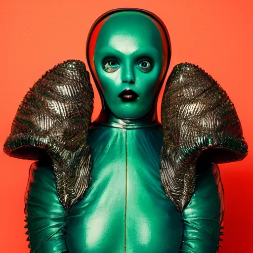 Prompt: an alien creature wearing latex fashion by jan van eyck, ernst fuchs, nicholas kalmakoff, joep hommerson, fashion editorial, prosthetic makeup, character, full body