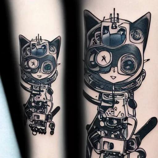 Image similar to Anime manga robot!! cat tattoo, cyborg cat, exposed wires and gears, fully robotic!! cat, manga!! in the style of Junji Ito, Hayao Miyazaki and Naoko Takeuchi, cute!! chibi!!! cat, tattoo on upper arm, arm tattoo