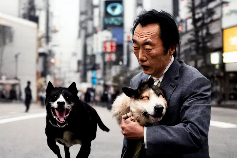 Prompt: cinematography action movie closeup portrait of a Japanese business man carrying his dog running from an explosion in Tokyo by Emmanuel Lubezki