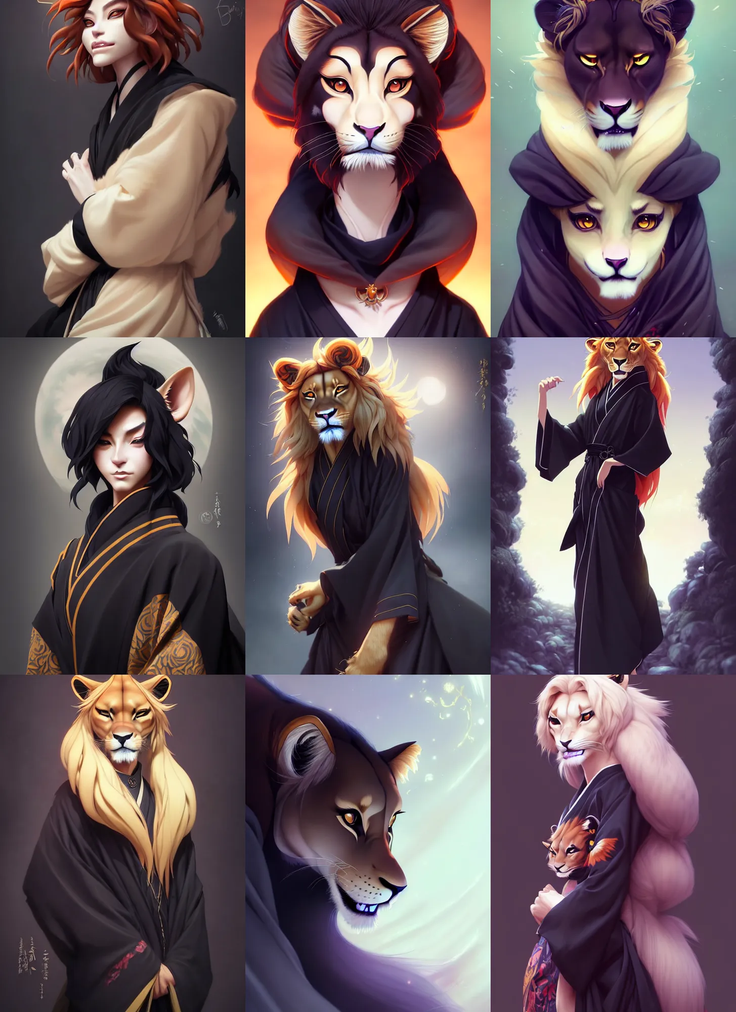 Prompt: beautiful portrait of a female anthropomorphic lioness fursona dressed in a black shinigami kimono. character design by disney, charlie bowater, ross tran, artgerm, and makoto shinkai, detailed, soft lighting, rendered in octane