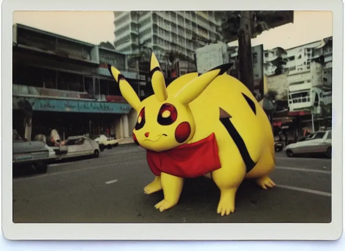 Prompt: 1 9 9 5, disposable polaroid camera, flash at night, pov, saigon street square, bloody pikachu : creature, standing huge on the road