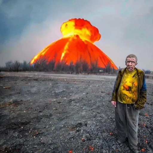 Prompt: selfie of the last surviving ukrainian, burning alive to the bone, wild pain and damage to the body, painted in dirty yellow - blue colors, against the backdrop of a huge nuclear explosion