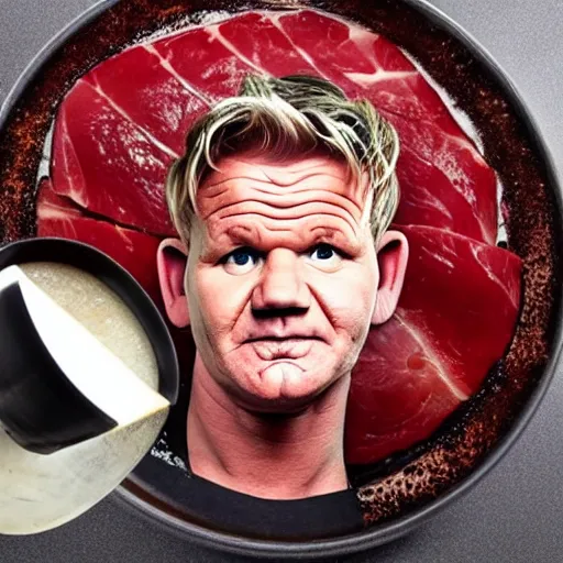 Prompt: gordon ramsay's face on a cooked leg of ham