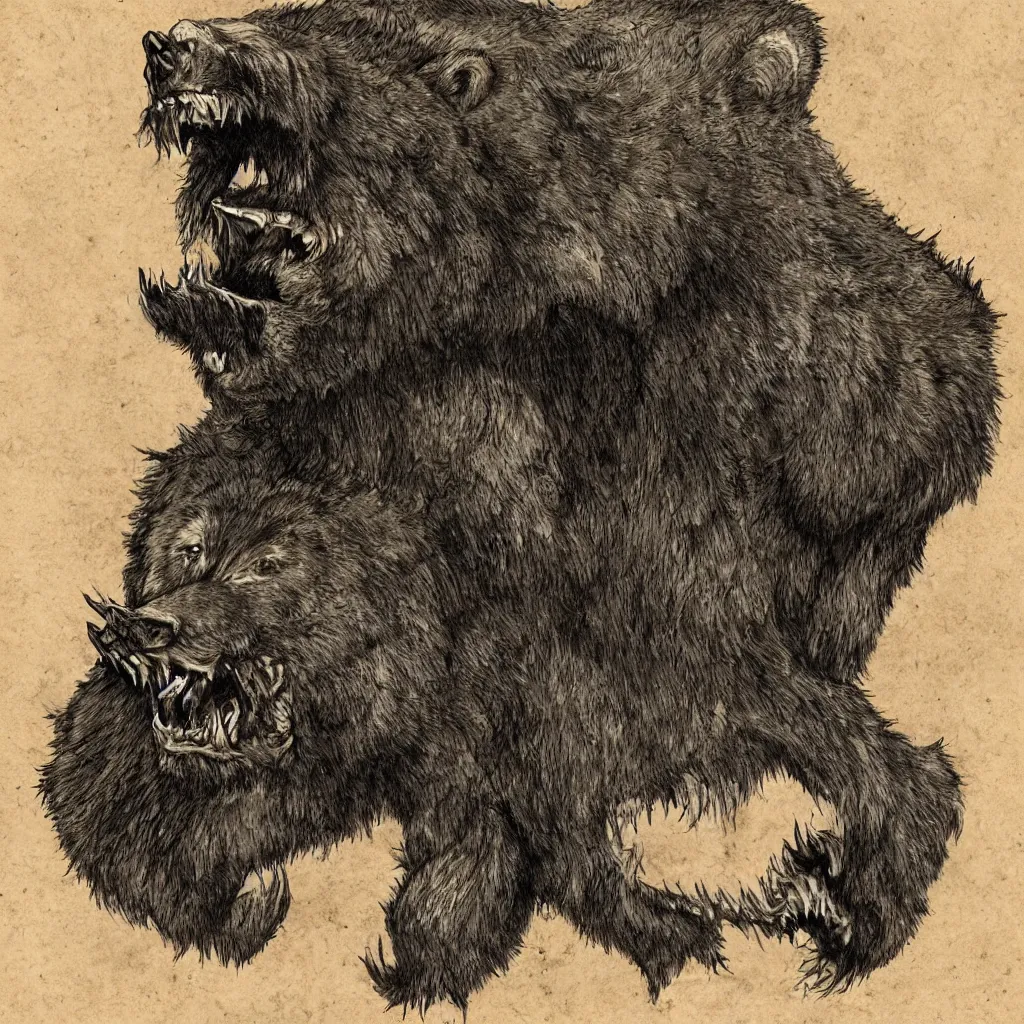 Image similar to horrifying bear creature, fangs, in the style of keith thompson