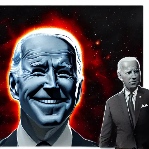 Image similar to dark, evil joe biden standing in front of the collapse of the universe, painting, trending on art station, high quality