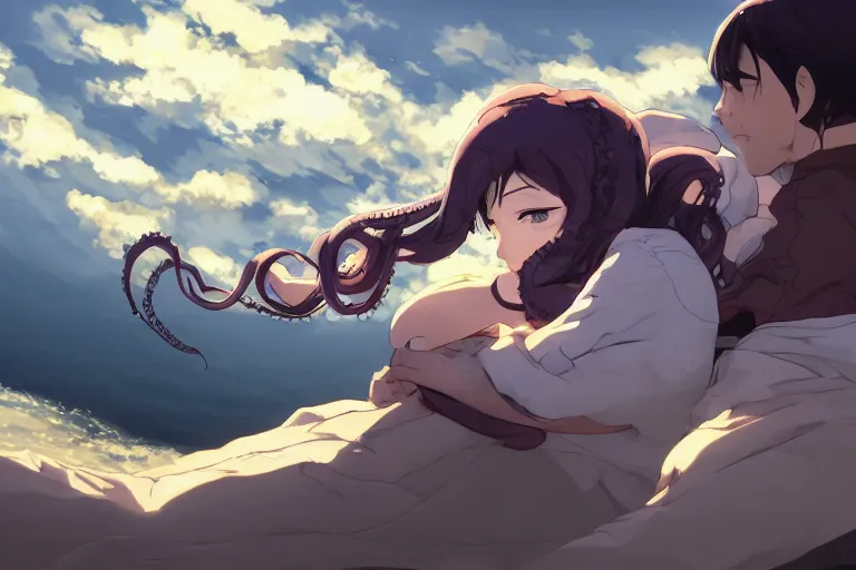 Prompt: octopus wrapped around woman, highly detailed, 4k resolution, lighting, anime scenery by Makoto shinkai