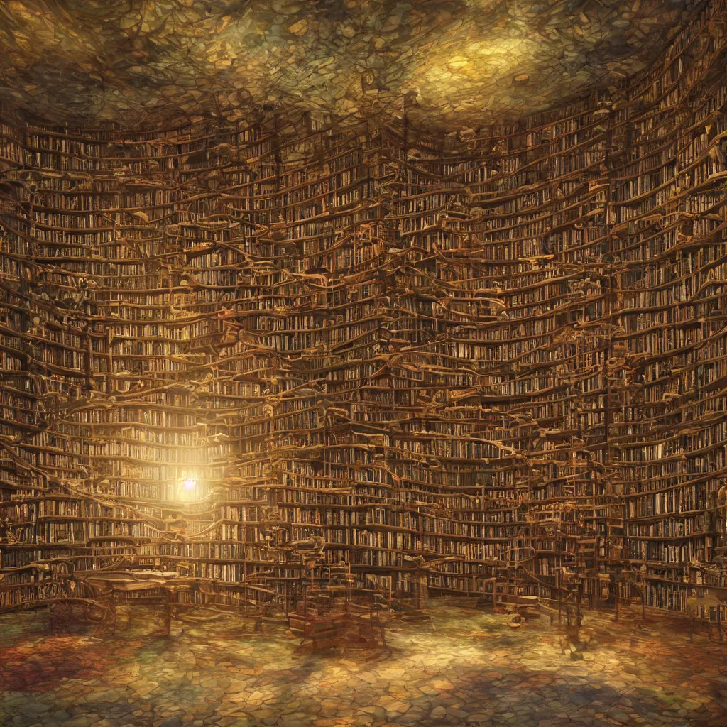 Prompt: oil paint impasto relief of chromatic library, spiral, unreal engine, global illumination, flowers, smoke, detailed and intricate environment, mysterious, comfort