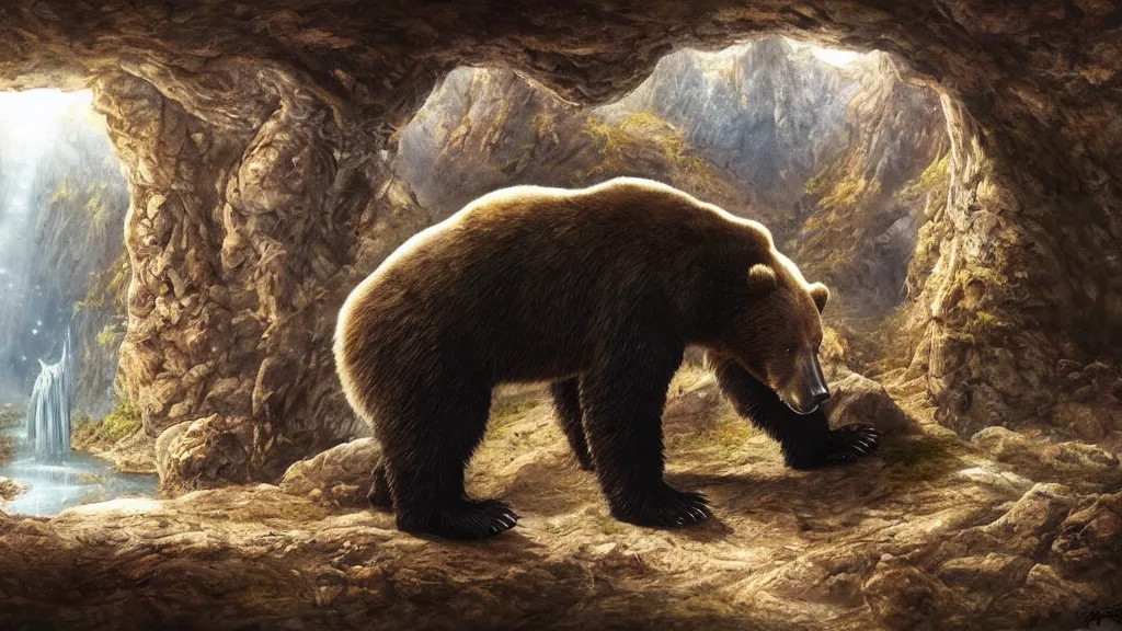 Prompt: a bear looking around his new cave thinking where to put all of his new stuff, highly detailed oil painting, epic fantasy art, abstraction, masterpeice, 8k