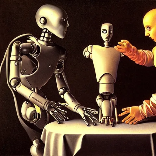 Image similar to robots holding hands by caravaggio