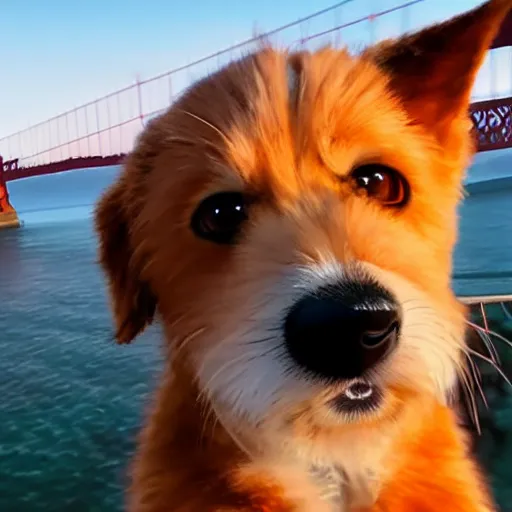 Prompt: insanely cute cuddling dog on golden gate bridge in pixar remake golden hour