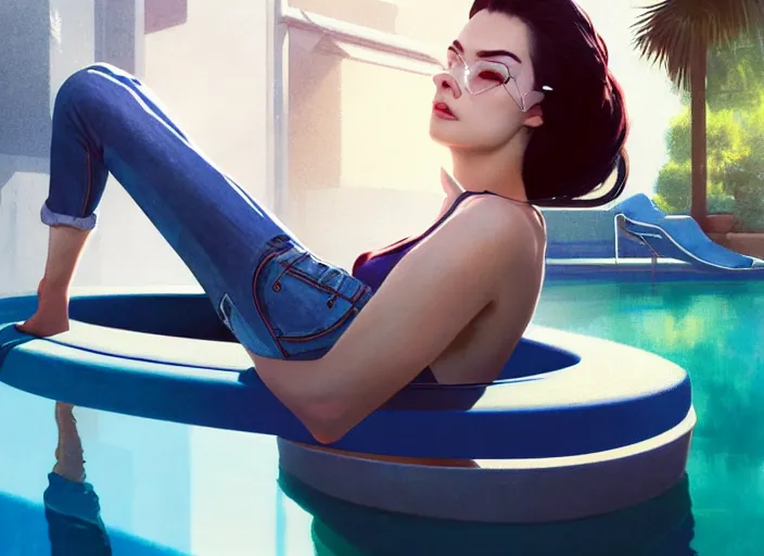 Image similar to closeup portrait of widowmaker relaxing in jeans and a t - shirt on a floating pool chair, sunny, bright, reflections, intricate, sharp focus, lens flare, bloom, illustration, highly detailed, digital painting, concept art, matte, art by ruan jia and wlop and greg rutkowski, masterpiece