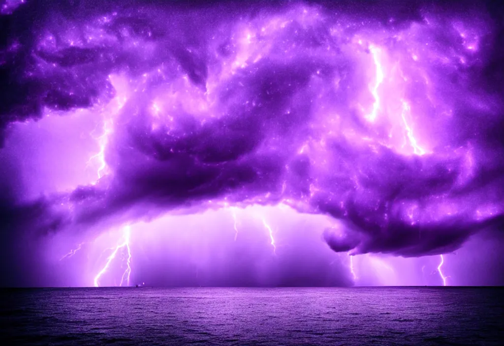 Image similar to purple color lighting storm with stormy sea a pirate ship trippy nebula sky