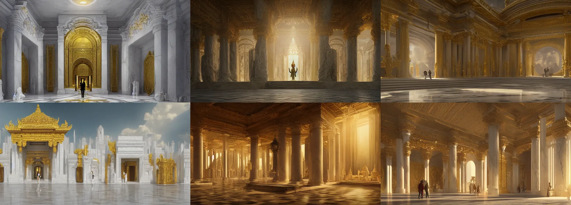 Prompt: a temple made of white marble and gold, light coming from the entrance, people passing by, matte painting in the style of Daniel Dociu