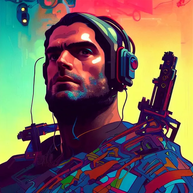 Prompt: a beautiful portrait painting of a ( cyberpunk ) henry cavill by simon stalenhag and pascal blanche and alphonse mucha and nekro and josan gonzalez. in style of digital art. colorful comic, film noirs, symmetry, brush stroke, vibrating colors, hyper detailed. octane render. trending on artstation