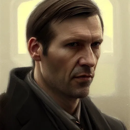 Image similar to Portrait of a man by Greg Rutkowski, he is about 40 years old, mixture between russian and irish, side parted combover brown hair, attractive, NARROW very very very very sharp face ANGULAR hawkish facial features, hooked nose , extremely pale white skin, smart looking, he is wearing a black trenchcoat, highly detailed portrait, scifi, digital painting, artstation, concept art, smooth, sharp foccus ilustration, Artstation HQ