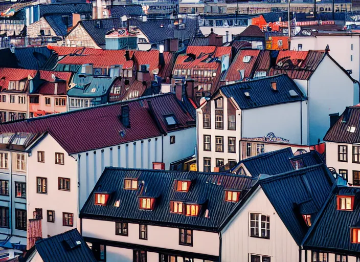 Image similar to photograph of the rooftops of gothenburg sweden, morning light, landscape photography, award winning, canon, soft lighting, sony, nikon, 4 k, hd