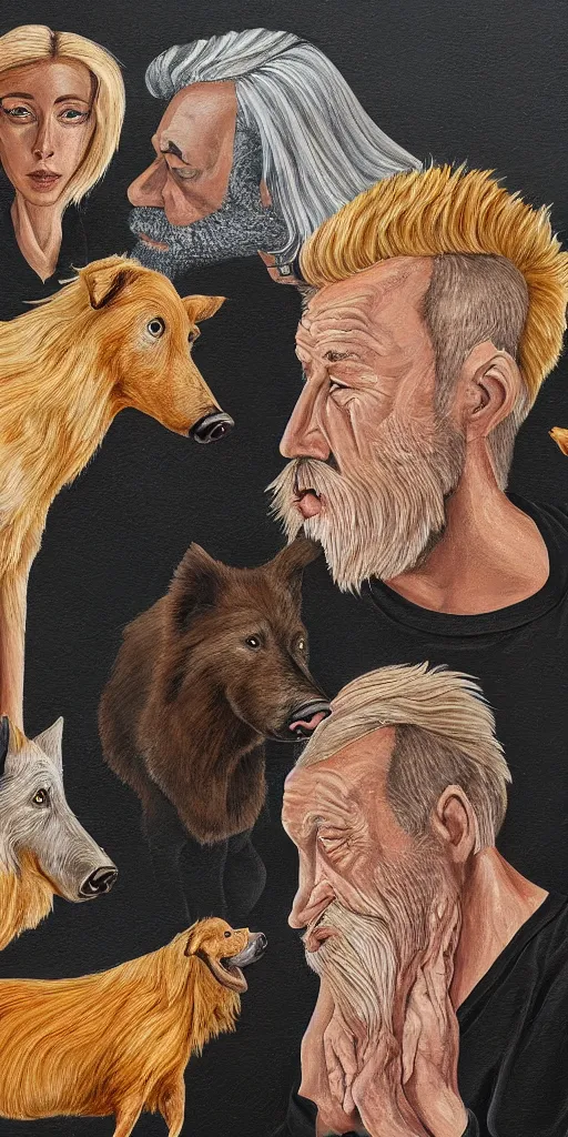 Image similar to beautiful detailed acrylic painting of a fit and mystical elderly man, has blond hair and ginger beard, surrounded by a Belgian shepherd and a wild boar