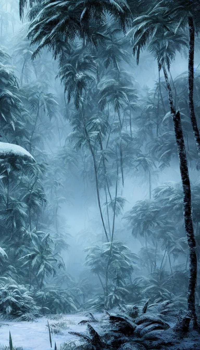 Image similar to highly detailed photo of snowfall in jungle, award winning photo, hyper realistic, art by greg rutsowski, concept art, 8 k detail post - processing