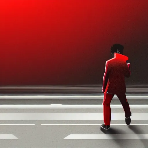 Image similar to isometric view of a man with a red jacket from back. walking towards a red futuristic motorbike on a wide road. photo realistic, hyper realistic, dramatic lighting, cyberpunk, ultra detailed, sharp focus, wide angle, digital illustration, trending on artstation