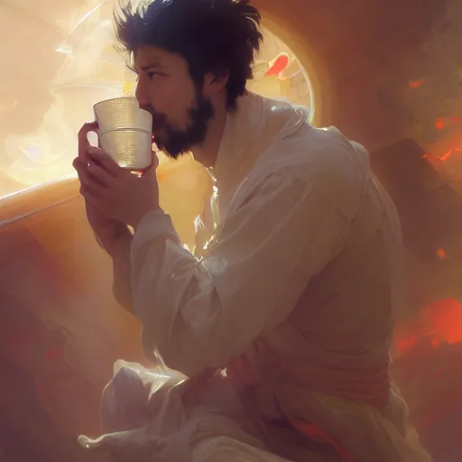 Image similar to A man drinking a cup of cosmic energy bright light, illustration by Ruan Jia and Mandy Jurgens and William-Adolphe Bouguereau, Artgerm, 4k, digital art, surreal, anime style, space dandy style, highly detailed, godsend, artstation, digital painting, concept art, smooth, sharp focus, illustration by Ruan Jia and Mandy Jurgens and William-Adolphe Bouguereau, Artgerm