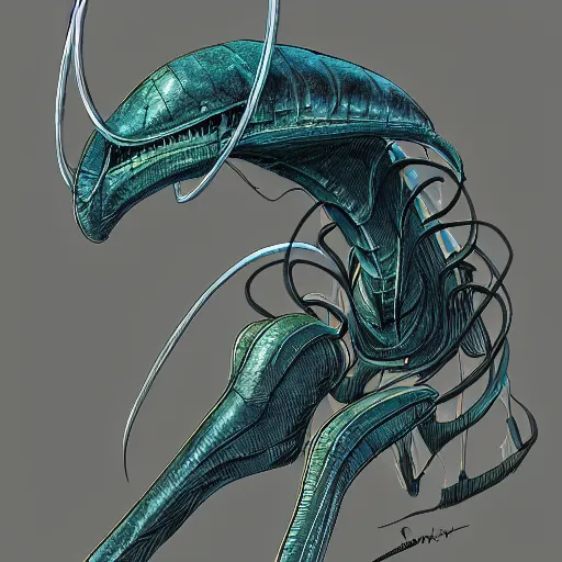 Image similar to concept art painting of an alien animal creature, detailed, cel shaded, in the style of makoto shinkai and moebius and james gurney