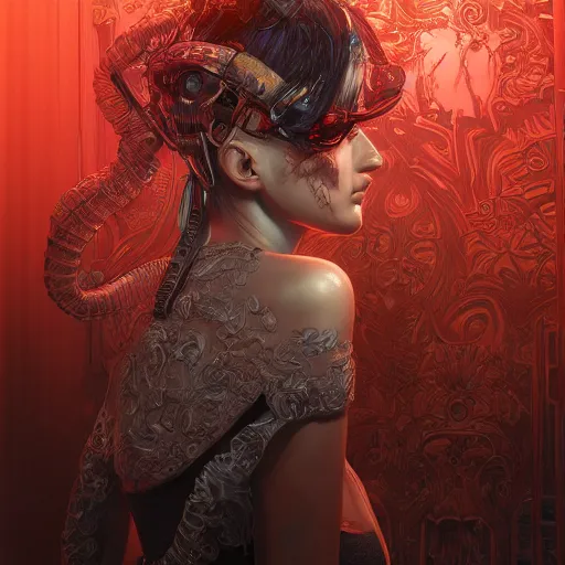 Prompt: the portrait of an absurdly beautiful, graceful, elegant, sophisticated, fashionable cyberpunk gravure idol, an ultrafine hyperdetailed illustration by kim jung gi, irakli nadar, intricate linework, bright colors, porcelain skin, unreal engine 5 highly rendered, global illumination, integrated led, radiant light, detailed and intricate environment