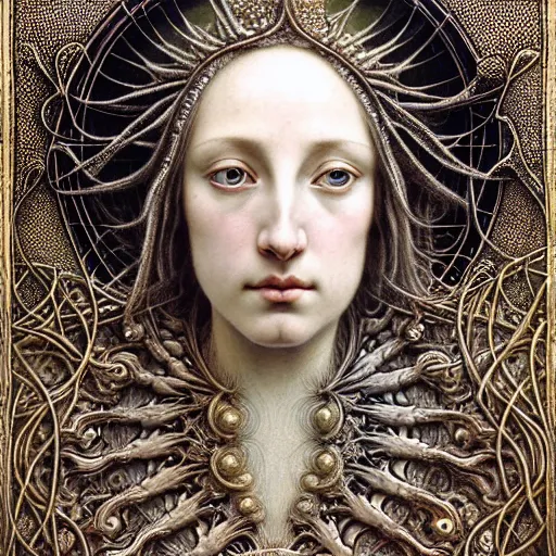 Image similar to detailed realistic beautiful young medieval queen face portrait by jean delville, gustave dore, iris van herpen and marco mazzoni, art forms of nature by ernst haeckel, art nouveau, symbolist, visionary, gothic, pre - raphaelite, fractal lace, surreality, horizontal symmetry, intricate details