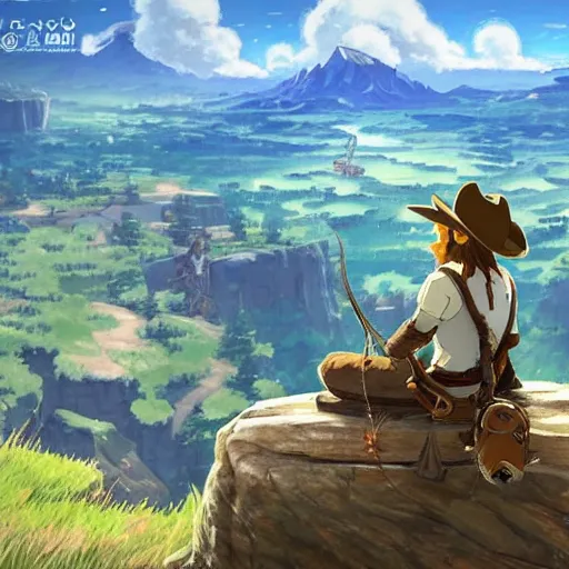 Prompt: a bear wearing a cowboy hat with a bow and arrow standing on a mountaintop looking out over a river landscape, breath of the wild, anime, studio ghibli, beautiful, fine detail, high resolution